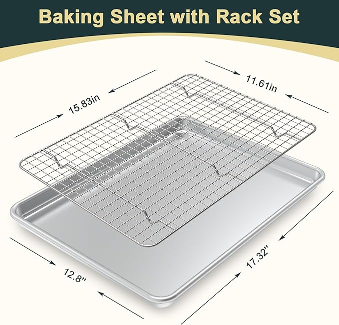 Wildone Baking Sheet with Rack Set (2 Pans + 2 Racks), Natural Aluminum Commercial Quality Cookie Sheet with Cooling Rack, Nonstick Baking Pan, Warp Resistant & Heavy Duty, Half Sheet Size