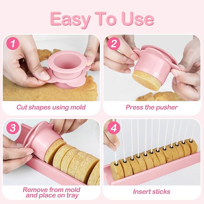 Round Cake Pop Mold Set with 50PCS Sticks Bags Ties,1.75 Inch Cake Pop Cutter and Pusher,Dishwasher Safe Baking Molds for Birthday Wedding Kids Party Desserts-Pink