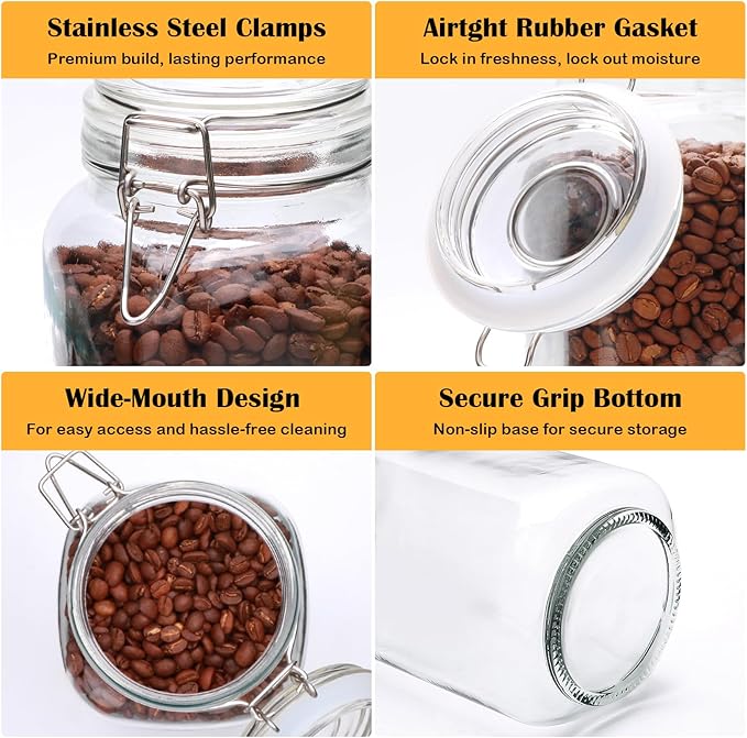 78oz Glass Storage Jars with Airtight Lids Set of 3, Pantry Storage Containers with Lids, Square Large Airtight Glass Jars, Perfect for Kitchen Canning Cereal, Pasta, Flour, Coffee Beans