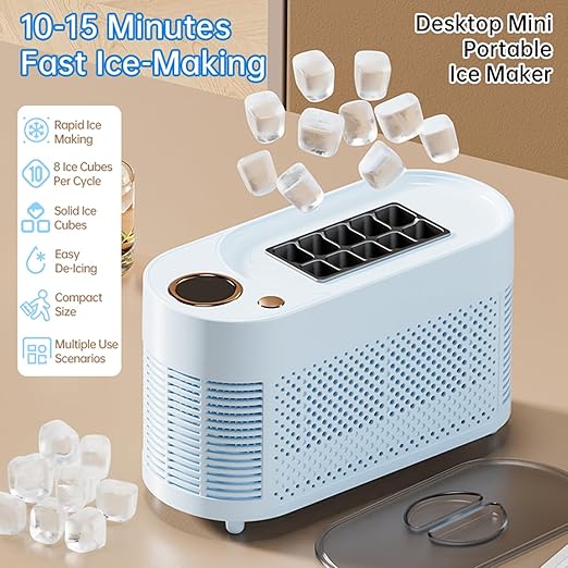 Mini Ice Maker, 10 Cubes Portable Countertop Ice Machine Makes in 15 Mins Quiet 120W Automatic for Home Office Bar Camping Party (US Plug)