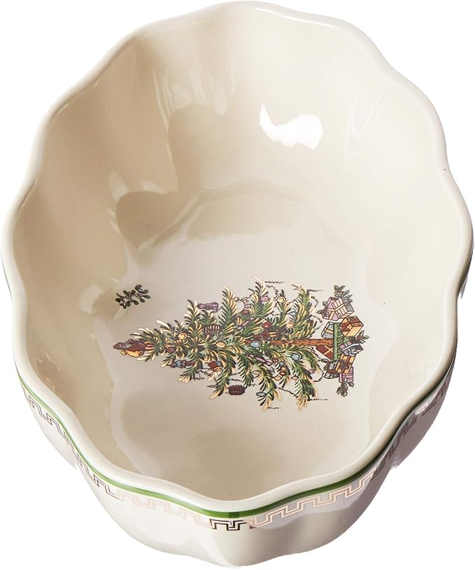 Spode Christmas Tree Gold Cranberry Dish & Server - 8" Festive Serving Bowl & 8" Metal Handled Spoon for Holiday Appetizers, Desserts, Seasonal Dishes - Dishwasher Safe Tableware