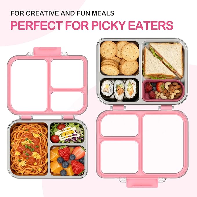 BABHAMNESS Stainless Steel Bento Lunch Box for Kids Adults, 3 Compartments Metal Bento Box with Transparent Lid & Silicone Container for Kids,Dishwasher-Safe,School & Travel,BPA-Free(Pink)