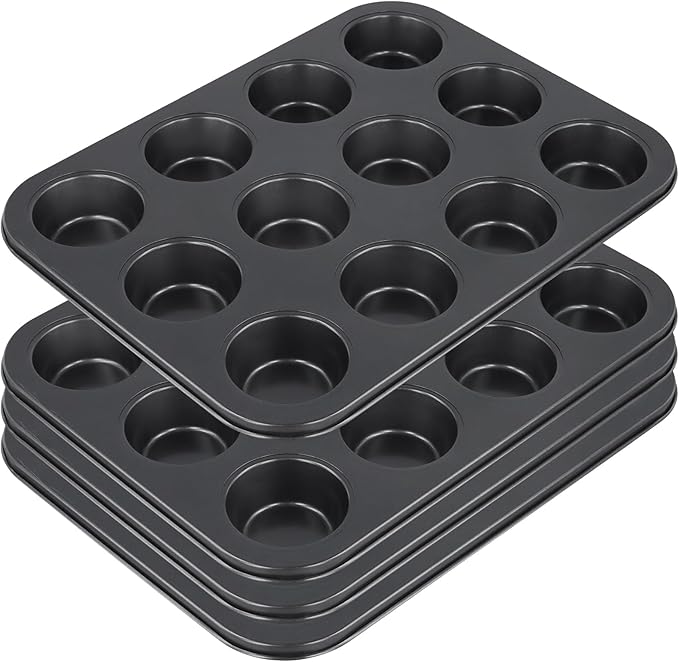 12-Cup Muffin Pan, Non-Stick Cupcake Baking Tin, 4 Pack Carbon Steel Cup Cake Tray for Oven Baking Cheesecake, Quiche, Easy Clean, Gray, 13.9"x10.4"x1.1"