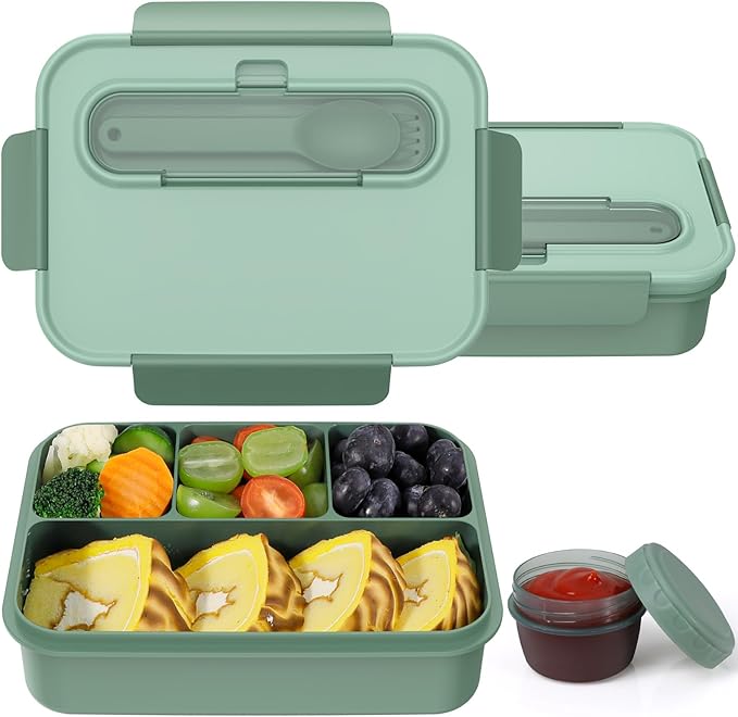 Caperci Bento Box Adult - 50 oz Large Lunch Containers for Adults and Teens, 4-Compartment Bento Lunch Box with Utensils & Leak Proof Sauce Cup, Dishwasher Safe, Durable, BPA-Free (Khaki Green)
