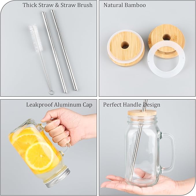 24 oz Mason Jar Cups with Handles, Wide Mouth Iced Coffee Cup with Bamboo Lids & Straws, Large Glass Bottle Mug Drinking Jars Tumbler for Smoothie Cold Water Juice Party Beverages, Set of 4