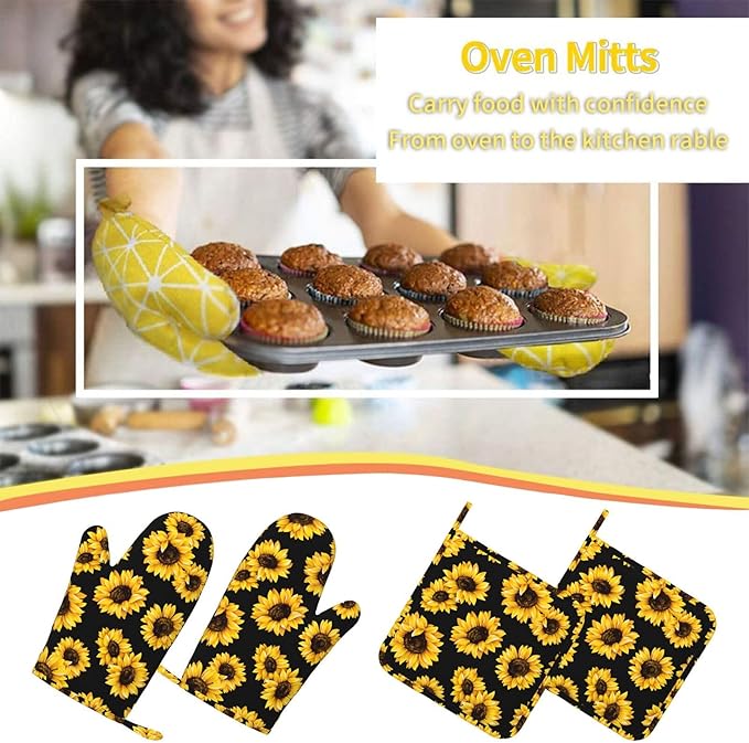 Pretty Sunflower Stylish Oven Mitts and Pot Holders Sets of 4, Heat Resistant Silicone Oven Mittens and Potholders Gloves Hot Pads for Kitchen Cooking Baking Grilling BBQ Chef