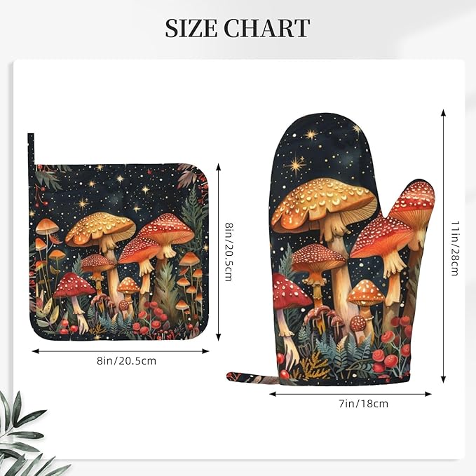 Oven Mitts and Pot Holders Mushroom Forest Vintage Silicone Kitchen Accessories Set of 4 Heat Resistant Long Gloves Potholder Non-Slip Grip for Chef Cooking Baking Grilling BBQ