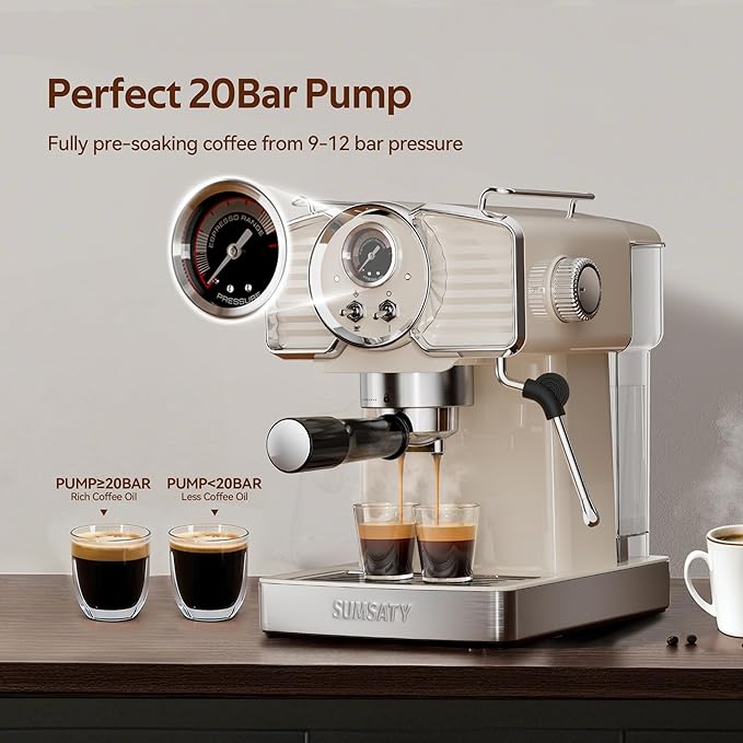 SUMSATY Espresso Machine 20 Bar, Professional Espresso Maker with Milk Frother Steamer Wand, Retro Coffee Maker Cappuccino & Latte Machine for Home, 1.8L Removable Water Tank, Off-white
