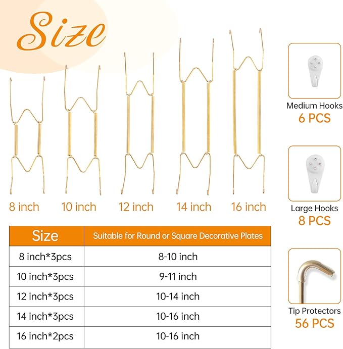 Bilillo 14 Pieces Plate Hangers for Wall - 8/10/12/14/16 Inch Invisible Plates Hanger, Stainless Steel Plate Holders with 14 Pieces Wall Hooks for 7.5 to 20 Inch Decorative Plates and Arts