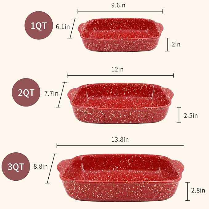 3-Pack Ceramic Lasagna Pan,Heavy-Duty Rectangular Baking Dishes, High Heat Resistant Oven-Safe Stoneware Casserole with Handles,Home Baking,Speckle Series(13.8''/12''/9.6'' Red)