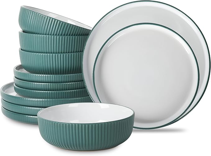 Christian Siriano Laro 12-Piece Stoneware Dinnerware Set, Plates and Bowls Set, Microwave and Dishwasher Safe, Dish Set for 4, Green
