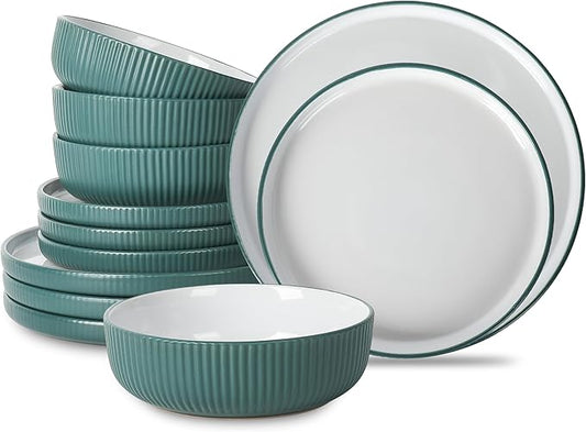 Christian Siriano Laro 12-Piece Stoneware Dinnerware Set, Plates and Bowls Set, Microwave and Dishwasher Safe, Dish Set for 4, Green