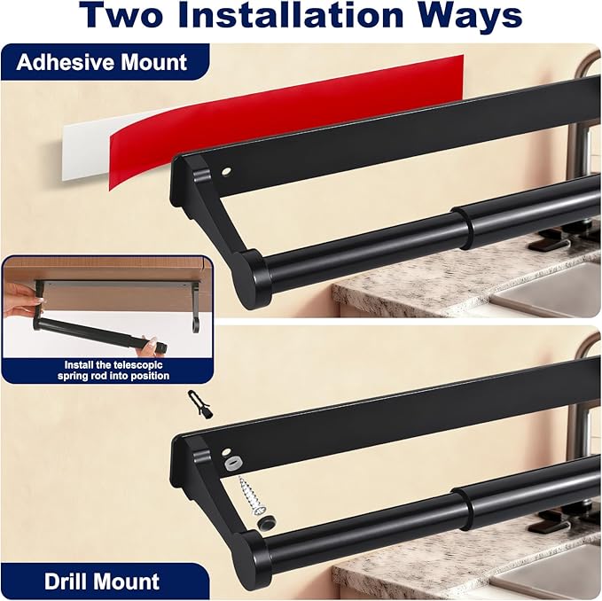 Black Paper Towel Holder Under Cabinet, Adhesive Paper Towel Holder Wall Mount Toilet Roll Holders Rack for Kitchen Bathroom Garage Counter, Anti-Drop Upgraded Telescopic Rod Design Roll