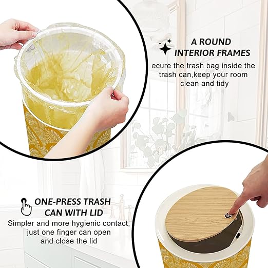 Trash Can with Lid seamless repeat abstract bohemian geometric white mustard yellow Press Top Round Small Garbage Bin with Wooden Legs Waste Basket for Kitchen Bedroom Nursery 7L/1.8 Gallon