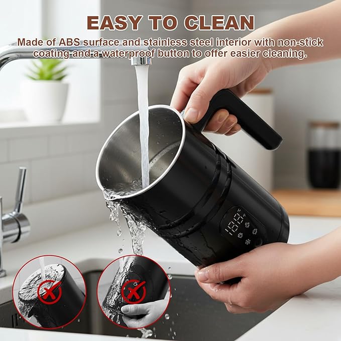 4 in 1 Electric Milk Frother Automatic Hot & Cold Foam Maker Auto Shut-Off Durable Stainless Steel Milk Frother Enjoy Perfect Milk Froth in 2 Min for Macchiato (Black-With Digital Display)