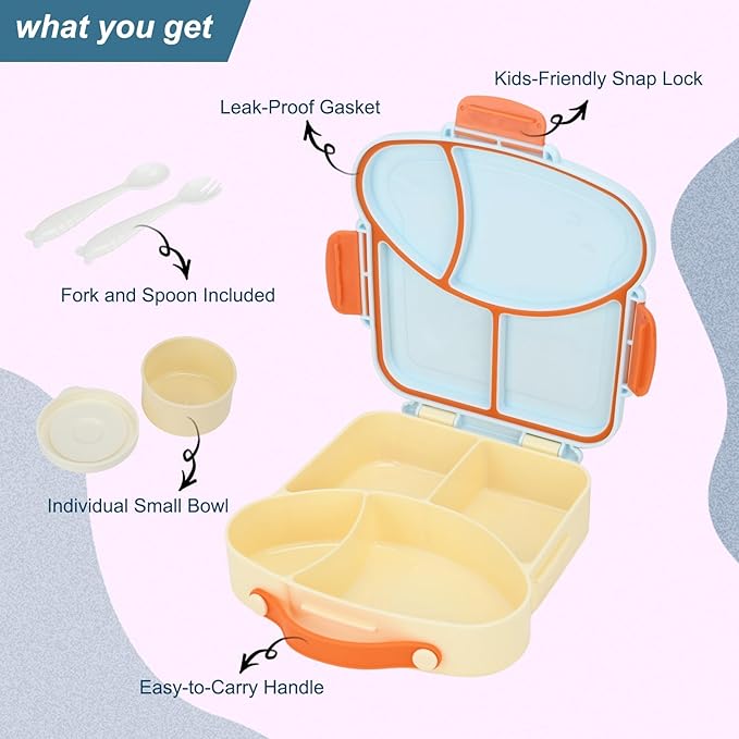 Bento Box for Kids School Lunch Box with Utensils and a Dipping Bowl, Leak-Proof 4 Compartments with Carrying Handle, BPA-Free Bento Box for Girls and Boys in School, Preschool, Daycare (Blue)