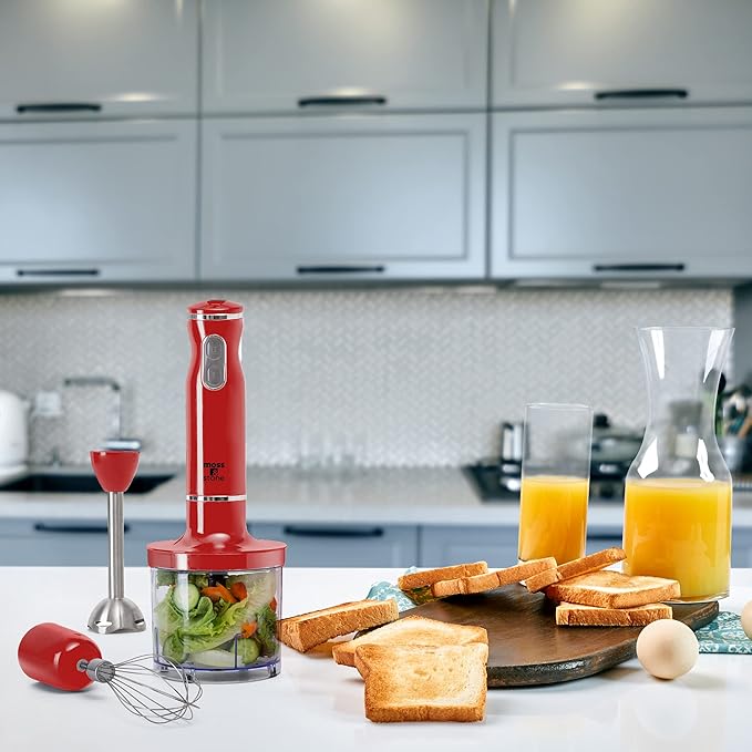 Moss & Stone Electric Hand Blender Set, 300W Immersion Hand Blender with Whisk and Chopper, Stainless Steel Shaft and Blades, 2-Speed Handheld Mixer with Ergonomic Grip, Red