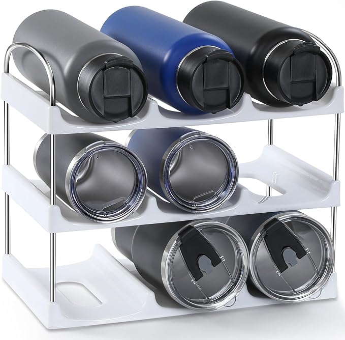LANDNEOO Stackable Water Bottle Organizer Holder - for Stanley & Others' Large Tumbler Organization - White Plastic Wine Rack, Bottle Holder for Home Countertop Fridge Pantry Shelf, 3 Tier Hold 9