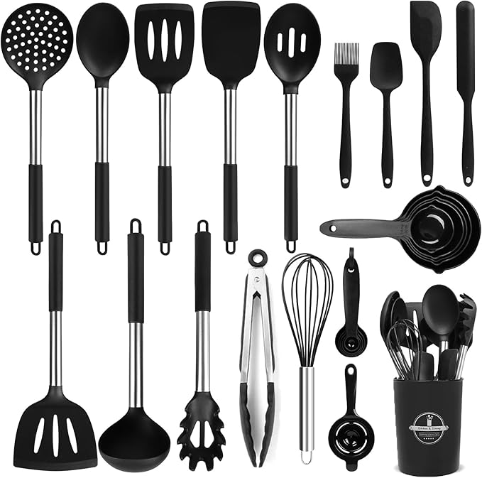 KSENDALO Silicone Cooking Utensils Set of 26, Heat Resistant Kitchen Utensils Set of Spatulas, Spoons, Whisk, Tong, Non Toxic Black Kitchen Tool Set with Holder for Nonstick Cookware, Dishwasher Safe