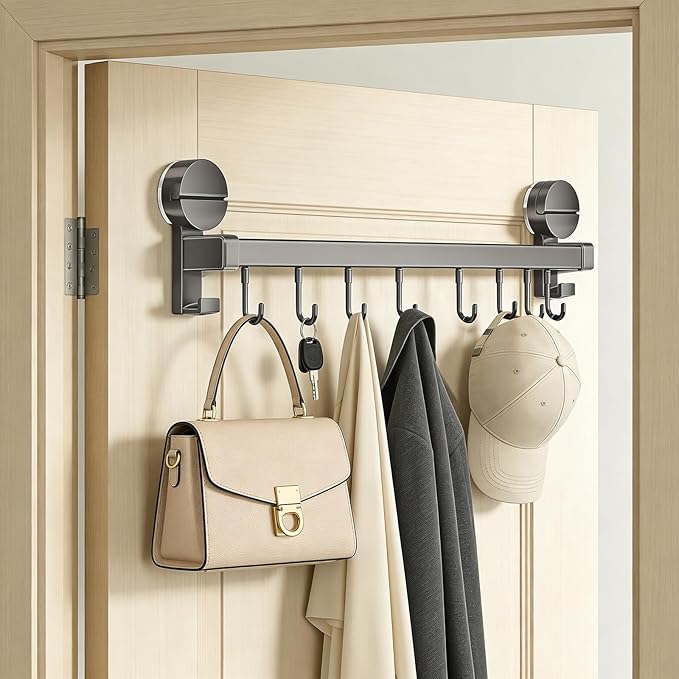 Wall Mounted Utensil Hook Rack with 8 Hooks, No Drill Installation, Space Gray Finish, Kitchen Organizer for Coats, Bags, and Accessories，Suction Cup Storage (2 Pack)