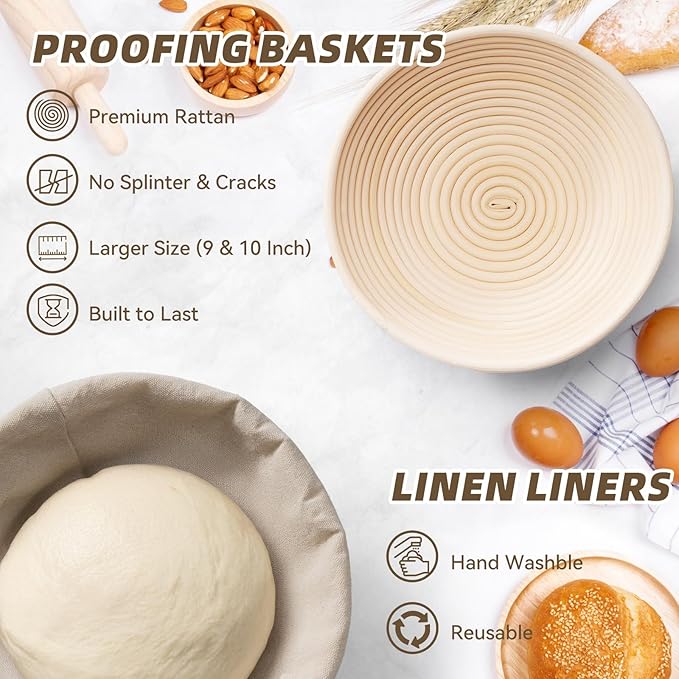 Banneton Bread Proofing Basket Set of 3, Kikcoin 8" & 9" & 10" Round Sourdough Bread Baking Supplies, Banneton Basket with Parchment Paper Sheets, Dough Whisk, Stainless Steel Scraper, Bread Lame