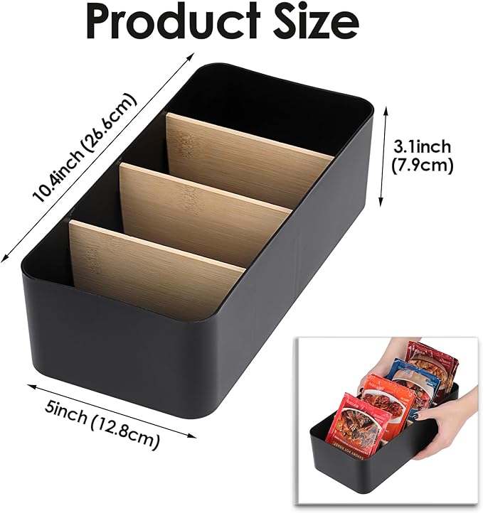 BSTKEY Seasoning Packet Organizer, Food Storage Organizer with Divided 4 Bamboo Wood Compartments, Black Plastic Storage Caddy for Pantry Cabinet, Kitchen Organization Bin for Snacks Spice Packets