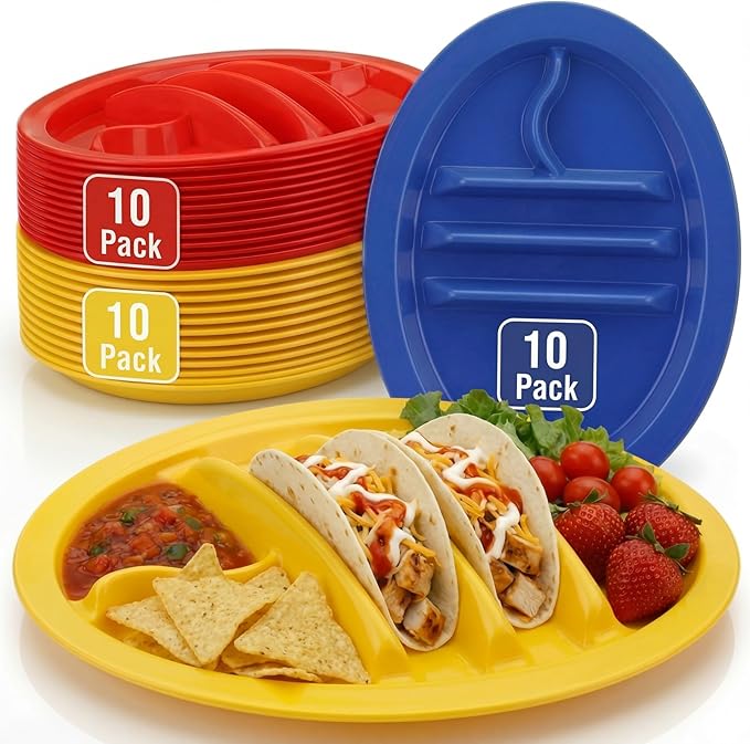 30 Pack Taco Plates Holders with Dividers 3 Color Plastic Taco Trays with 4 Dipping Areas Cinco De Mayo Tacos Night Party Supplies, Stand up Divider for 2 Tacos Tuesday Mexican Party