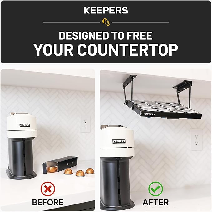 KEEPERS Nespresso® Vertuo® Pod Holder|Under Cabinet Swing Down Coffee Pod Organizer|Keurig® Coffee Pod Holder|K Cup Holder Storage Organizer|Magnet Steel RV Office Small Kitchen 10x9in BLACK