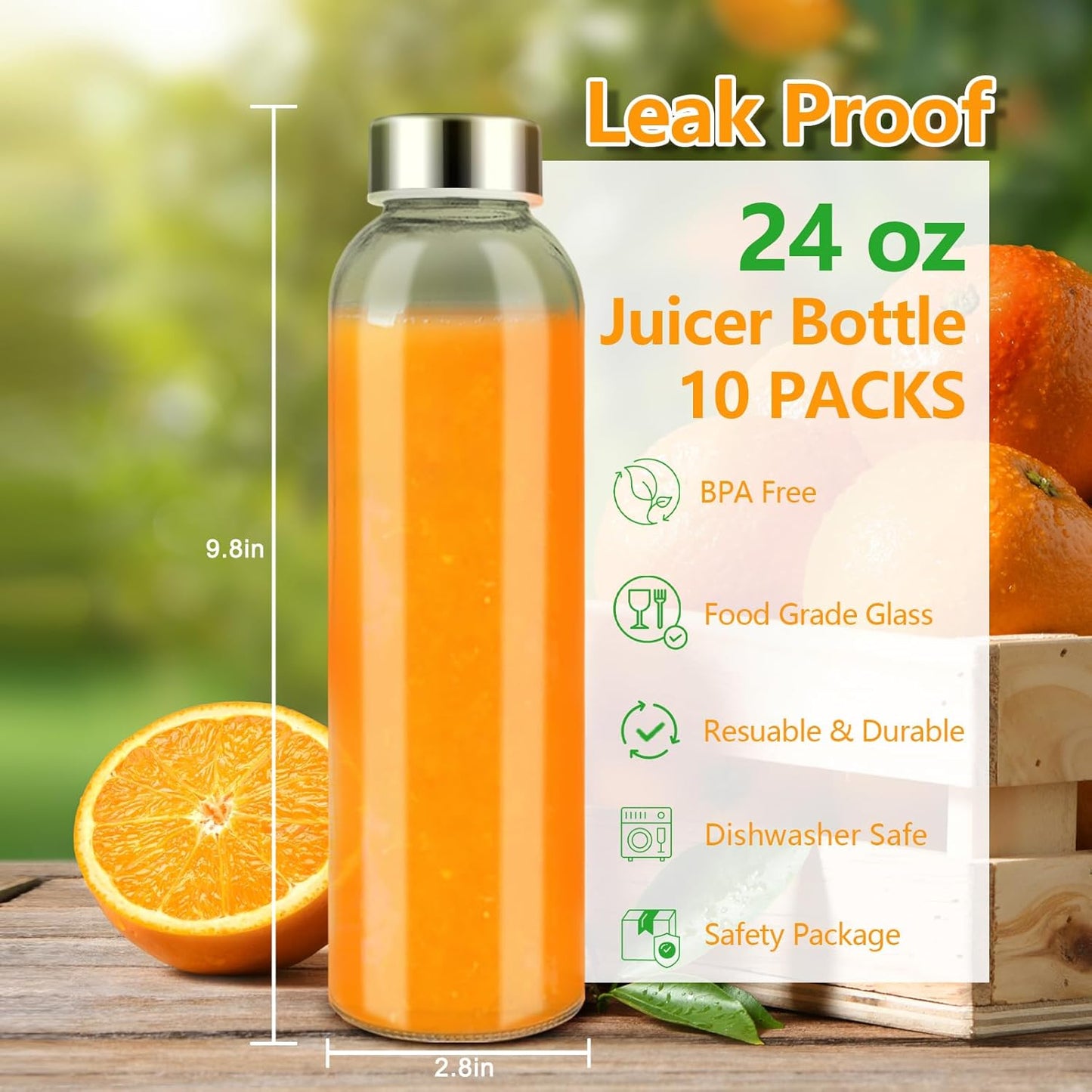 Zukro Glass Water Bottles with Lids 24 oz, 10 Pack Reusable Juice Bottles With Stainless Steel Airtight Cap for Juicing, Leak Proof Clear Drinking Jar Beverage storage container for Fridge, BPA Free