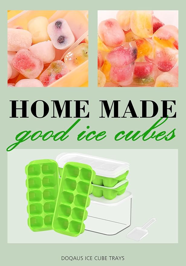 DOQAUS Ice Cube Tray with Lid and Bin - 4 Pack Ice Bucket Kits, Stackable Silicone Ice Trays for Freezer, Easy Pop Out, BPA Free for Cocktail, Coffee, Soup, Food, RV, Kitchen