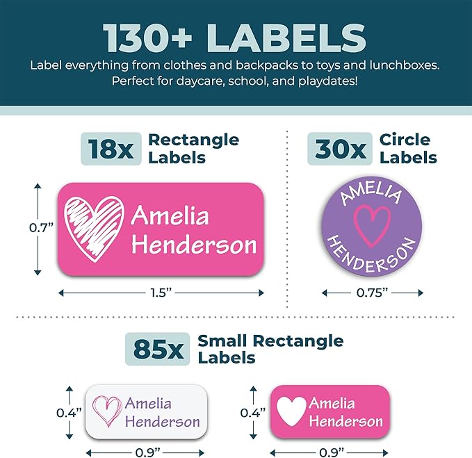 Personalized Daycare Name Labels for Kids (130 Labels) - Custom Waterproof Name Stickers for Clothing Tags, Water Bottles, Lunch Boxes and School Supplies (Hearts)