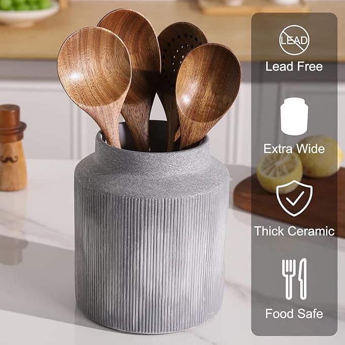 Farmhouse Ceramic Farmhouse Kitchen Utensil Holder for Countertop, Rustic Cooking Utensil Holder Crock Fit for Kitchen Counter.Grey 6.1 x 6.1 x 7 IN