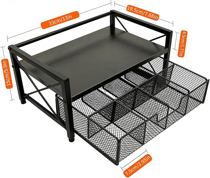 Tea Bag Organizer With Adjustable Drawer, Teabag Bar Holder Organizer For Counter, Wood ＆ Metal Station Storage Chest Display, Coffee Packet Containers Box For Countertop Kitchen Office Black