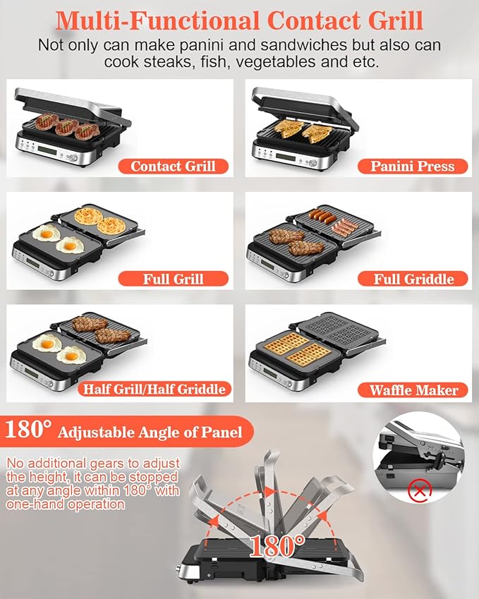 Panini Press Grill Sandwich Maker with Removable Plates, 1600W, 6 in 1 Indoor Grill with Meat Thermometer, Electric Contact Grills for Kitchen, Stainless Steel