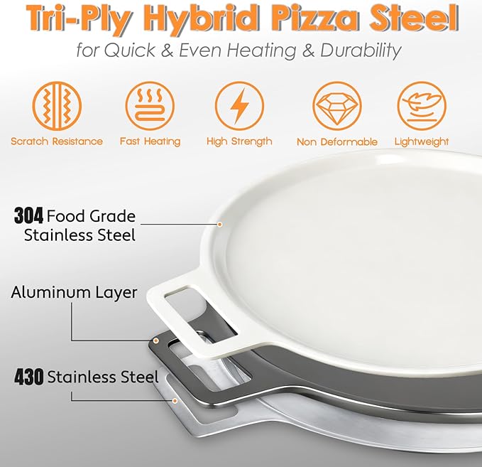 16" 3-Layer Hybrid Pizza Steel for Fast & Even Heating, Ceramic Nonstick Smooth Pizza Pan, Oven Baking Steel for Pizzas Up to 14", 304 Stainless Steel + Aluminum Core + 403 Stainless Steel, Non-etched