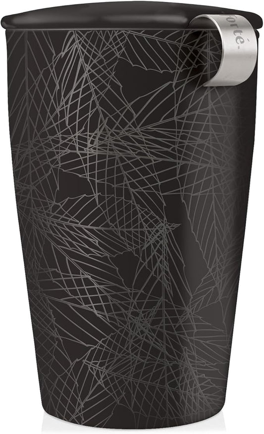 Tea Forte Double-Walled Ceramic Kati Cup, Removable Stainless Steel Infuser Basket and Lid, Steeps 12 oz Loose Leaf Tea, Dishwasher & Microwave Safe, Gifts for Mom, Noir