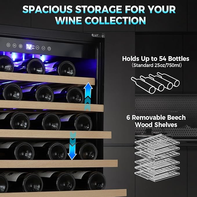 ORYMUSE 24 Inch Wine Fridge, 54 Bottle Wine Cooler Refrigerator with Stainless Steel Glass Door, LED Display, Upgraded Compressor, Built-In or Freestanding for Home Bar Kitchen