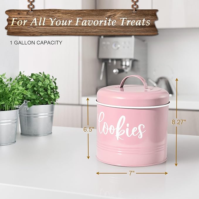 DAYYET Pink Cookie Jar for Kitchen Counter, 1 Gallon Vintage Cookie Jar with Airtight Lid, Large Food Storage Container for Candy, Cookies, Dessert, Farmhouse Kitchen Decor and Accessories