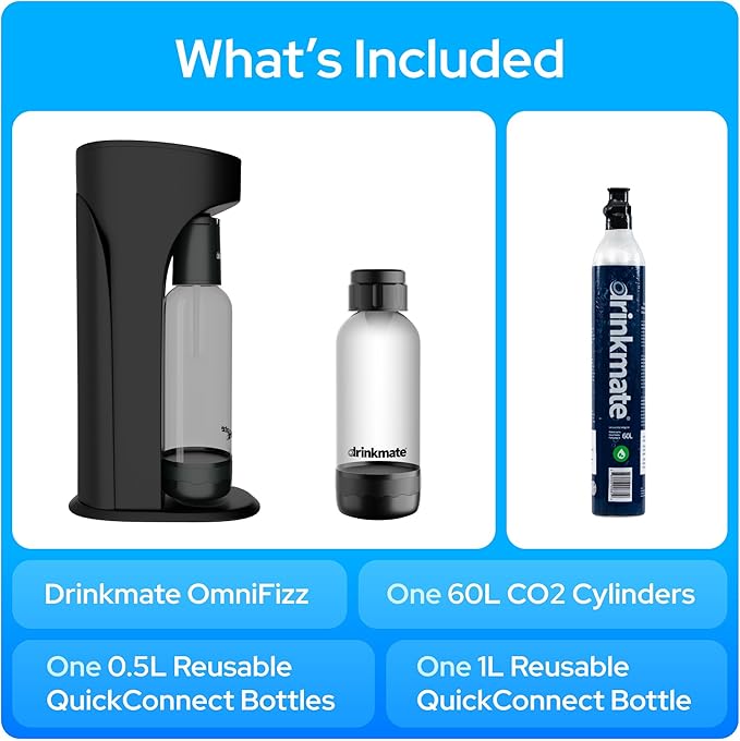 Drinkmate OmniFizz Sparkling Water Maker & Soda Streaming Machine | Carbonates Any Drink | SPECIAL BUNDLE | Includes 60L CO2 Cartridge + Two BPA-Free Bottles (Matte Black)