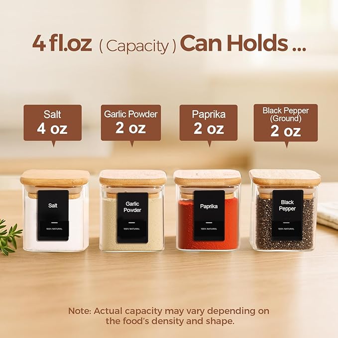ComSaf 12Pcs Spice Jars with Labels, Glass Jar with Bamboo Lid, 4oz Airtight Square Spice Containers with Black Lables, Empty Seasoning Jars for Spice, Salt, Pepper, Sugar
