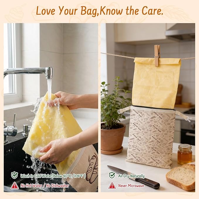 2-Pack Reusable Beeswax Bread Bags for Sourdough & HomemadeBread with Zipper, 16.5 x 13 inch bread bags for Food Storage