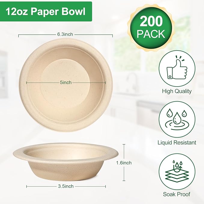 Compostable Paper Bowls 12 oz, 200 Pack Bowls Disposable Heavy Duty, Microwavable Eco-Friendly Biodegradable Bowl for Snacks, Milk, Cereals, Soup, Natural Brown
