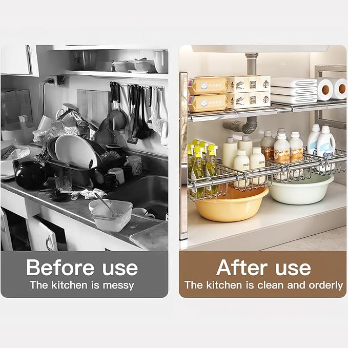 Large Under Sink Organizer 2 Tier Expandable Heavy Stainless Steel Shelf Adjustable Height for Under Kitchen Bathroom Sink Organizers and Storage (Large Size: 4 Panels 4 Storage Baskets)