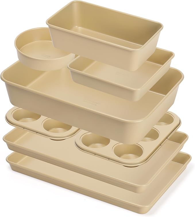 Nonstick Bakeware Set 8 Piece - Stackable Baking Pan Set, Oven safe 450°F, Carbon Steel Baking Set with Muffin, Loaf, Cookie Sheets & Roaster, Easy Storage, BPA-Free (Beige)