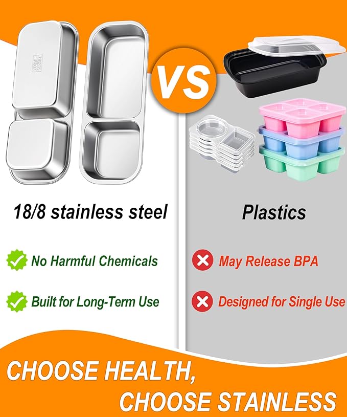 KTKUDY 3 Pack Stainless Steel Snack Containers for Kids & Adults - Large - Leak-Proof 2-Compartment Stackable Snack Lunch Boxes for Daycare, School, Work & Travel