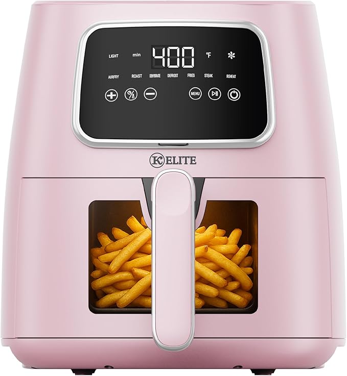 Kitchen Elite 5.5 Qt. Digital Air Fryer, Countertop Cooker with LED Screen, Presets for Air Fry, Roast, Dehydrate, Defrost and Reheat, Pink