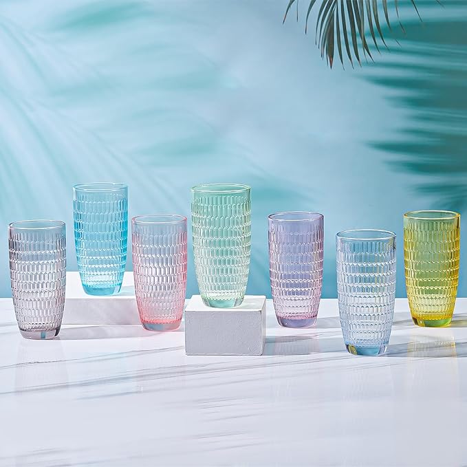 CREATIVELAND Highball Beverage Glasses Set of 6 Romantic Colored Thick & Heavy Base Big Capacity 14.87oz|440ml, Drinking Glass Tumblers for Iced Tea, Water, Soda & Juice and Cocktail