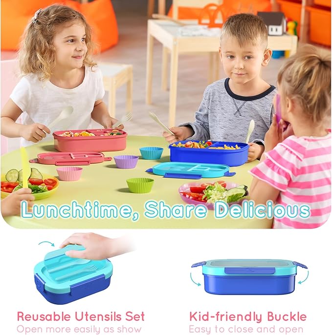 Bento Box Kid Adult Lunch Box 2 Pack, Leakproof Bento Lunch Container 4 Compartment Bento-Style Lunchbox with Utensil Set, On-the-Go Meal and Snack Packing for School, Work, Picnic