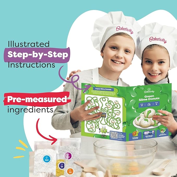 Baketivity Green Donut Kids Baking Kit | Edible Kit for Girls & Boys Ages 6-12 | Baking Set with Pre-Measured Ingredients & Donut Mold