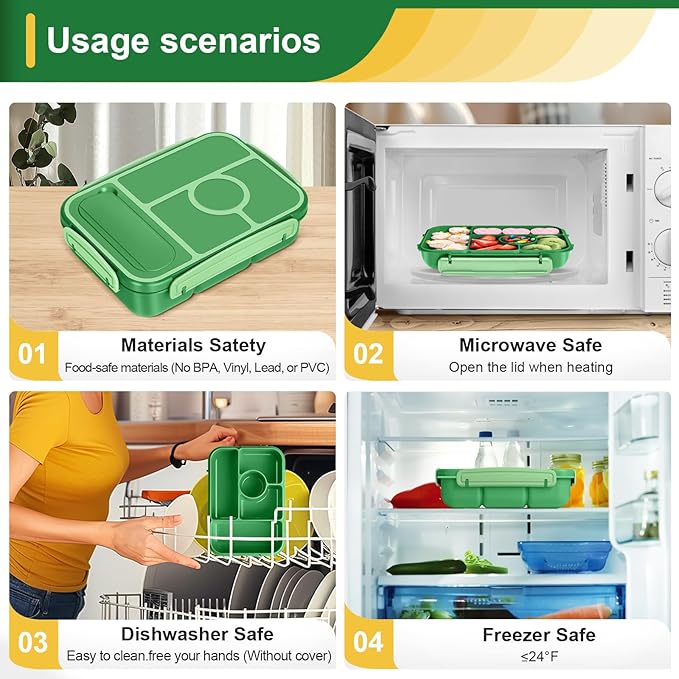 Amathley Bento Box Adult Lunch Box Kids,Lunch Containers for Adults/Kids/Toddler,5 Compartments Bento Lunch Box with Sauce Vontainers,Microwave & Dishwasher & Freezer Safe,BPA-Free (Emerald green)